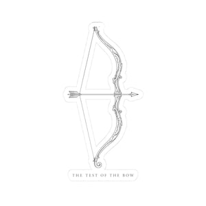 May include: A black and white line art sticker featuring an ornate recurve bow with an arrow nocked in the centre. Below the bow, the text THE TEST OF THE BOW is printed in a clean, sans-serif font. The design has a white border outline.