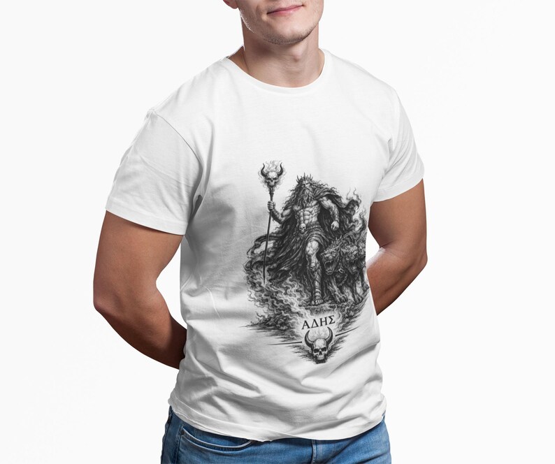 ハデス（ギリシャ神話の神）Tシャツ｜ダークファンタジー ハデスとケルベロス ユニセックスTシャツ｜オリンピアンコレクション 画像 2