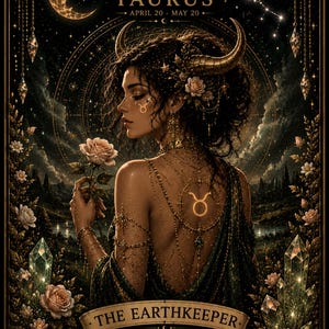 Può includere: Illustrazione dettagliata del segno zodiacale del Toro. L'immagine presenta una donna con le corna, che tiene una rosa, con il simbolo del Toro sulla schiena. Il testo recita "Toro 20 aprile - 20 maggio" e "Il Custode della Terra".