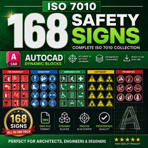 Könnte beinhalten: Eine digitale Sammlung von 168 ISO 7010 Sicherheitszeichen im AutoCAD-Format für dynamische Blöcke. Die Grafik zeigt Kategorien wie Brandschutz, Gebotszeichen, Notausgänge, Warnzeichen und Verbotszeichen auf grünem Grund.