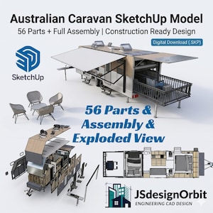 Puede incluir: Un modelo SketchUp de caravana australiana con 56 piezas, montaje completo y diseño listo para la construcción. La imagen muestra un modelo 3D de una caravana con una vista explosionada, un plano de planta y un conjunto de sillas y una mesa. Descarga digital disponible.