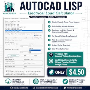 May include: A digital AutoCAD LISP electrical load calculator software interface featuring sections for voltage systems, load input, and results. The display includes text for single and three-phase support, NEC voltage systems, and calculation formulas.