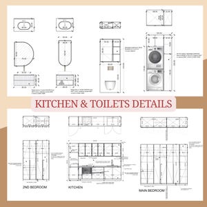 May include: A technical architectural drawing titled KITCHEN & TOILETS DETAILS featuring black line diagrams of cabinetry, a washer and dryer unit, and bathroom fixtures. The layout includes precise metric measurements in centimeters for various furniture components.
