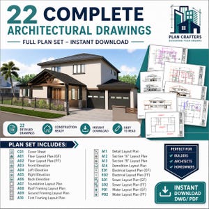 Peut inclure: Ensemble de plans architecturaux numériques avec 22 dessins détaillés, incluant des plans d'étage et des élévations. L'image présente une représentation de maison et des plans d'architecte. Téléchargement instantané disponible.
