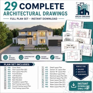 Peut inclure: Image numérique avec le texte "29 COMPLETE ARCHITECTURAL DRAWINGS". L'image présente une représentation d'une maison moderne, des plans architecturaux et une liste des types de plans inclus. Téléchargement instantané en DWG/PDF.