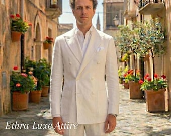 Elegant Men's Cream Linen Suit | Double Breasted Ivory Wedding Suit for Groom | Summer Tailored 2-Piece Off-White Suit | Classic Formal Wear