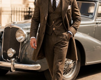 Men's Brown Wool Tweed 3-Piece Suit – Retro Gentleman Overcoat Style