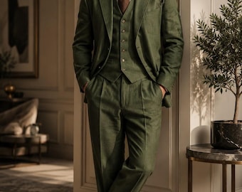 Olivgrüner 3-teiliger Leinenanzug für Herren | ETHRA LUXE ATTIRE | Maßgeschneiderter Blazer, Weste und Hose | Luxuriöser Hochzeitsanzug für Bräutigame | Old Mon