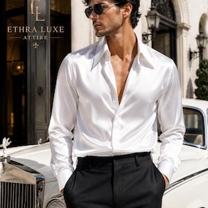 Men's White Satin Dress Shirt | Luxury Long Collar Button-Up | 70s Inspired Retro Formal Shirt | Wedding, Party & Evening Wear | Ethra Luxe