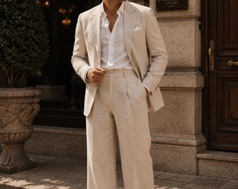 Abito da uomo in lino beige / Pantaloni a gamba larga, completo da sposo estivo per matrimoni (fatto a mano)