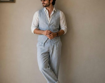 Men's Light Blue Linen Vest & Pants Set | 2 Piece Summer Wedding Outfit | Custom Tailored Linen Suit