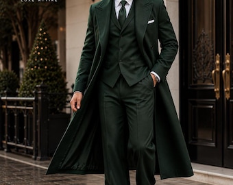 Smaragdgrüner 4-teiliger Herrenanzug aus Viskose – Langer Mantelanzug – Bräutigam-Hochzeitsanzug – Festlicher Winteranzug – Weihnachts-Smoking – Ethra Luxe