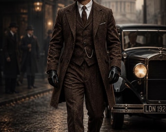 Men's Brown Herringbone Tweed 3 Piece Suit: Peaky Blinders Style Wool Retro Custom Tailored