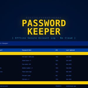 Op de afbeelding: Een digitaal product getiteld "PASSWORD KEEPER" met een blauw en geel kleurenschema. Het product is een offline beveiligd accountlogboek. De afbeelding bevat een prijs van $3,00 en de tekst "INSTANT".