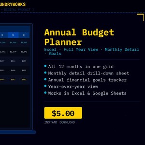 May include: A digital product advertisement for an annual budget planner. The image features a dark blue background with a spreadsheet layout, the text "Annual Budget Planner", and bullet points highlighting features like monthly detail and year-over-year view.