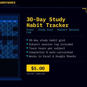 30-Day Study Habit Tracker Spreadsheet — Student Session Log Excel | Instant Download | 15 Habits, Subject Totals, Digital Download