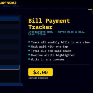 May include: A dark blue digital product advertisement for a bill payment tracker. The product is described as interactive HTML, allowing users to track bills, mark payments, and view totals. The price is $3.00.