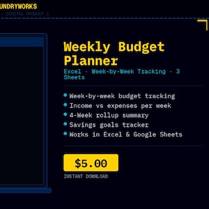 Può includere: Immagine digitale di un pianificatore di budget settimanale. Lo sfondo blu scuro evidenzia un foglio di calcolo con categorie finanziarie e cifre. Il testo include il monitoraggio settimanale, entrate vs. spese e un tracker degli obiettivi di risparmio.
