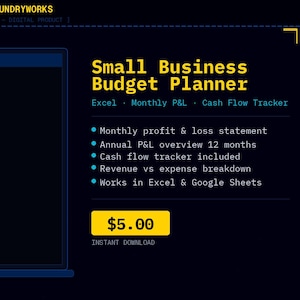 Può includere: Immagine di un prodotto digitale, un "Small Business Budget Planner". La grafica blu scuro mostra dati finanziari in formato foglio di calcolo, con un prezzo di 5,00 €. Il planner include rendiconti mensili di profitti e perdite e monitoraggio del flusso di cassa.