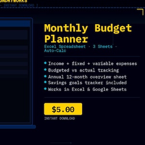 Monthly Budget Planner Spreadsheet — Tech-Themed Excel Budget | Instant Download | Income Expense Tracker, Savings Goals, Digital Download