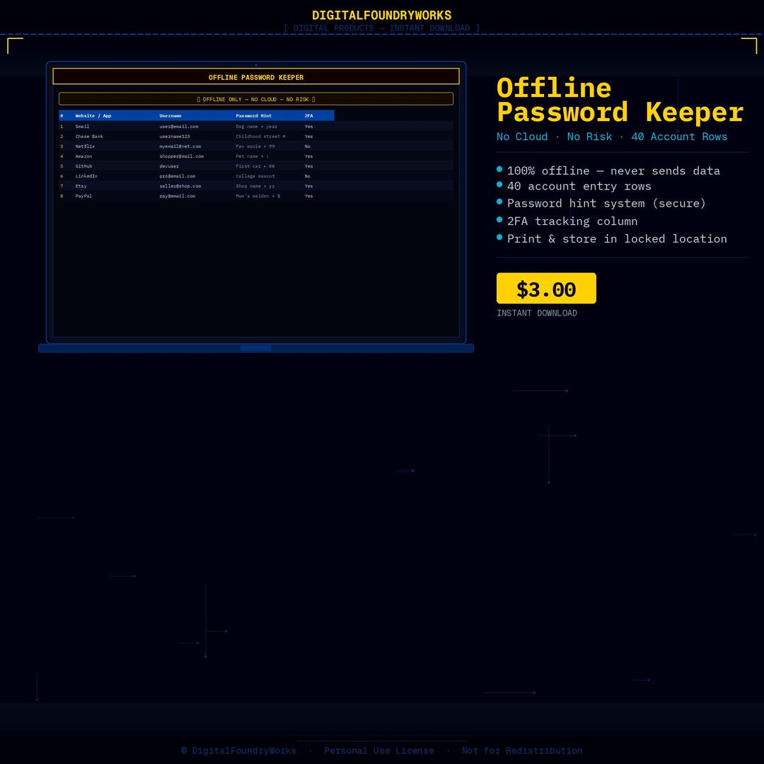 Offline Password Protection Password Keeper Printable — Offline Secure Account Log No Cloud ...