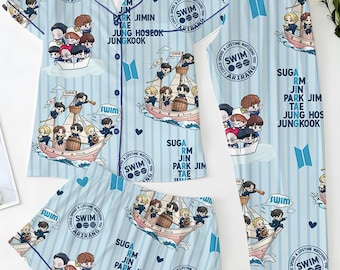 Pijama de dibujos animados inspirado en BT21 para mujer, bonito pijama de personajes de Kpop, colorido conjunto de anime, pijama con botones, regalo