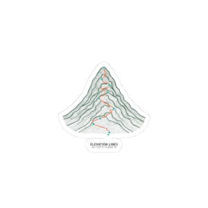 May include: A sticker featuring a mountain design with elevation lines. The design includes a red hiking trail and teal dots. The text "ELEVATION LINES" and coordinates are at the bottom.