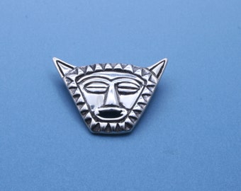 African Cat Mask Sterling Silver Pin