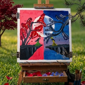 May include: A wooden easel supports a canvas split into red and blue halves. The painting depicts trees and figures, with a red tree on the left and a blue tree on the right. The easel's drawer contains petals and flowers.