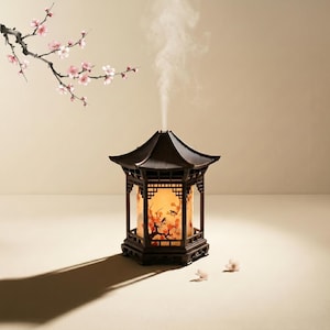 Pagoda Mist Lantern — Asian Pavilion Humidifier Lamp, Sakura Night Glow, Quiet Zen Decor