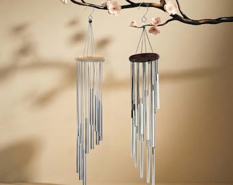 Juego de campanillas de viento japonesas: tubos de aluminio afinados a mano, corona doble de madera, sonido para jardín.