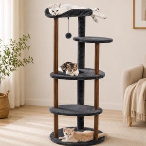 Natural Wood Cat Tree, 5-Level Tower, Curved Perch, Sisal Scratcher, Washable Pads