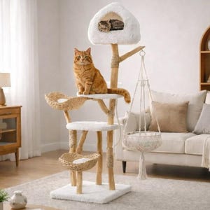 May include: A multi-level cat tree with a natural wood finish, featuring multiple platforms, woven baskets, and a plush, enclosed cat house. An orange tabby cat sits on a platform, while another cat rests inside the house. A hanging macrame basket is also included.