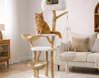 Natural Wood Cat Tree, Boho Tower, Macrame Hammock, Sisal Scratching Posts