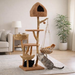 Natural Wood Cat Tree Tower, Boho Cat Furniture with Hammock, Sisal Scratching Posts
