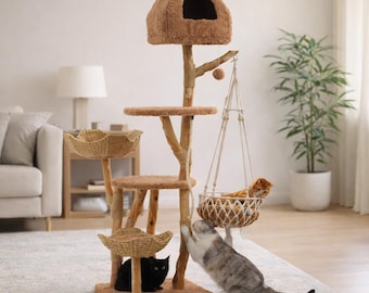 Natural Wood Cat Tree Tower, Boho Cat Furniture with Hammock, Sisal Scratching Posts