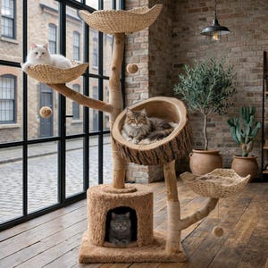 May include: A multi-level cat tree with three cats. The tree features woven platforms, a wooden log-style bed, and a cozy hideaway at the base. The cats are a mix of gray, white, and tabby, and the tree is set against a brick wall.