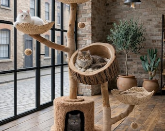 Natural Wood Cat Tree – Multi-Level Woven Basket Condo, 59"