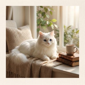 May include: A fluffy white cat with blue eyes rests on a beige blanket near a window. A cup of coffee steams next to two stacked books. A beige pillow is behind the cat, and sunlight streams through the window.