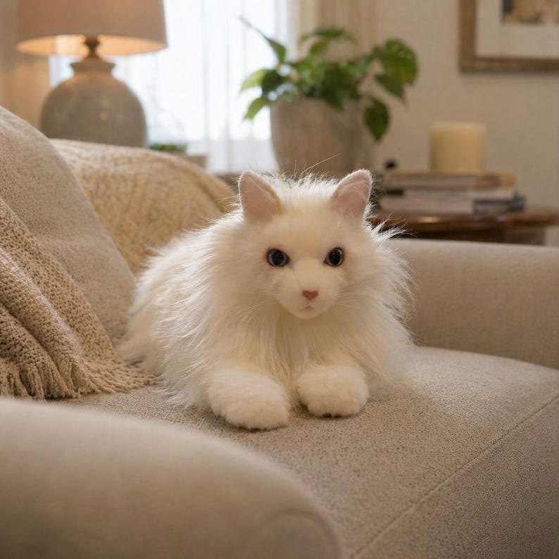 May include: A fluffy white cat with blue eyes rests on a beige sofa. The cat has long, soft fur and a pink nose. The background includes a lamp, a plant, and a framed picture, creating a cozy indoor scene.