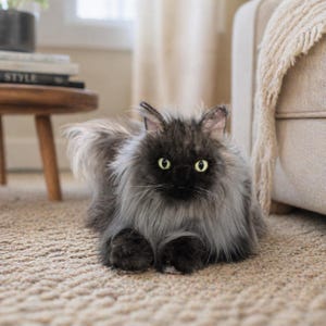 May include: A fluffy, gray cat with green eyes is lying on a beige carpet. The cat has long fur and a dark face. The cat is looking directly at the camera. The background includes a small wooden table and a beige couch.