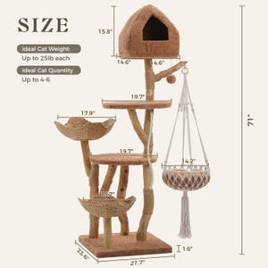 May include: A multi-level cat tree with a brown plush house, two woven baskets, and a hanging macrame hammock. The structure features wooden posts, a 71-inch total height, and labeled dimensions in inches, including a 23.6 by 21.7-inch base.