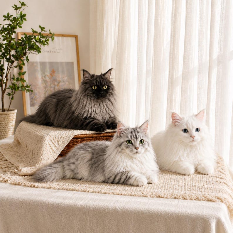 May include: Three fluffy cats of varying colors are resting on a table. One is dark gray, one is gray and white, and the other is white. They have long fur and are lying down, with a neutral-toned blanket beneath them.
