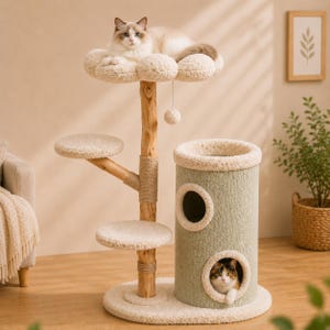 May include: A multi-level cat tree with a light green and cream color scheme. The cat tree features multiple platforms, a cylindrical hideaway, and a plush top perch. Two cats are visible, one on the top perch and another inside the hideaway.