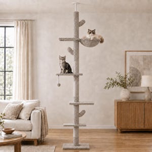 May include: A floor-to-ceiling cat tree with a light gray carpeted finish, featuring a central vertical post, multiple horizontal platforms, small decorative cactus-shaped arms, a circular bowl-shaped perch, and a hanging toy ball.