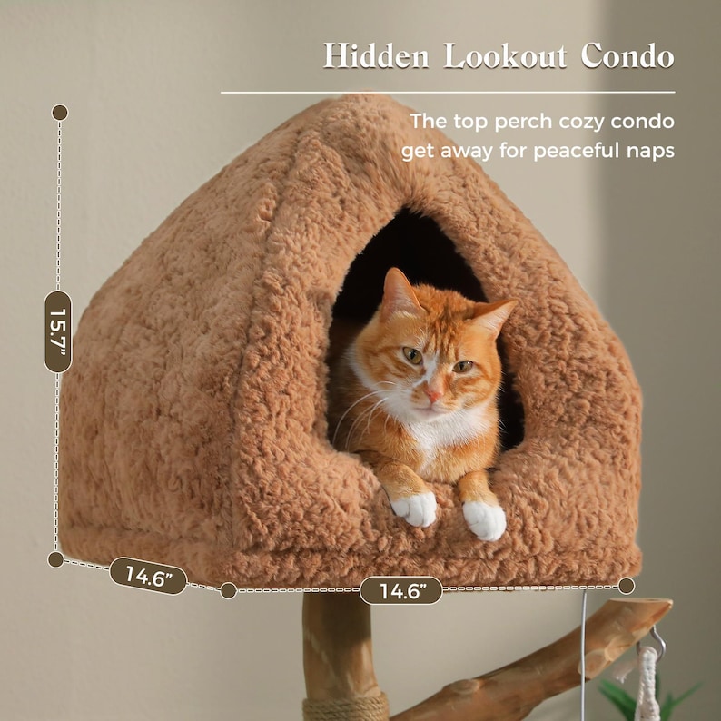 May include: A brown, fuzzy, triangular cat condo with an orange tabby cat inside. Text reads: Hidden Lookout Condo. The top perch cozy condo get away for peaceful naps. Dimensions are 15.7 inches in height and 14.6 inches in width and depth.