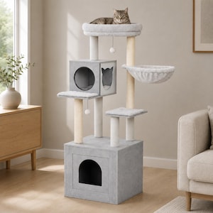 May include: A multi-level cat tree featuring a large gray base with an arched entrance, a square middle condo with a circular and cat-shaped opening, a plush top perch, a hanging hammock, and sisal-wrapped scratching posts with hanging toys.