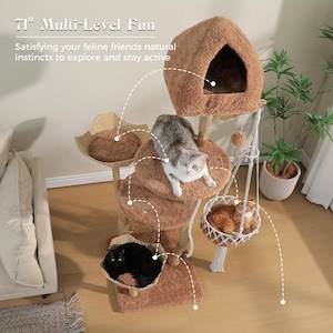 May include: A 71-inch multi-level cat tree featuring a brown plush covered house, multiple circular platforms, two woven basket-style perches, and a hanging macrame hammock. Three cats are positioned on different levels of the structure.