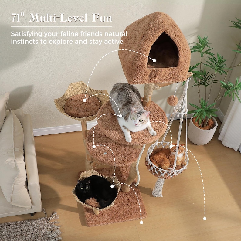 May include: A 71-inch multi-level cat tree featuring a brown plush covered house, multiple circular platforms, two woven basket-style perches, and a hanging macrame hammock. Three cats are positioned on different levels of the structure.
