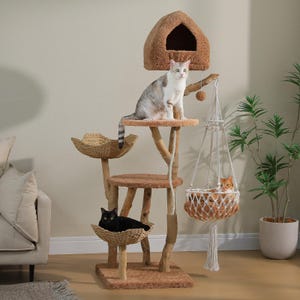 May include: A multi-level cat tree featuring a brown plush covered house at the top, two woven basket platforms, and a hanging macrame hammock. The structure is supported by natural wood branches and a plush base, with three cats resting on it.